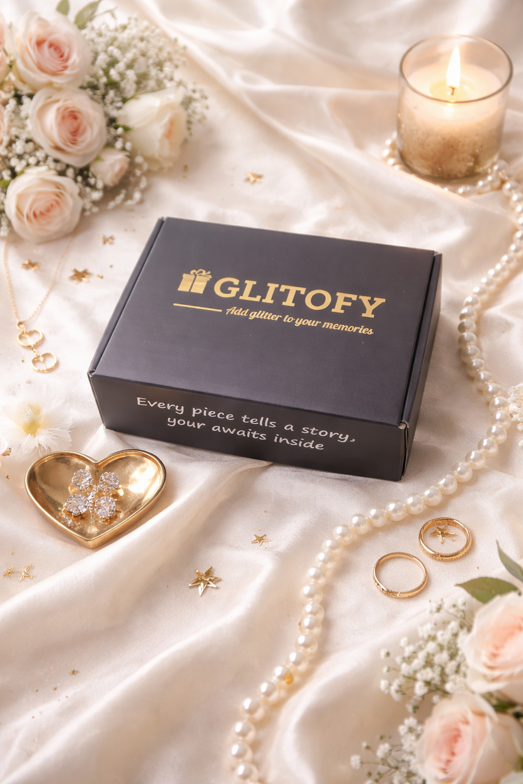 GLITOFY jewelry box with rings, heart-shaped dish, and flowers on a soft fabric background